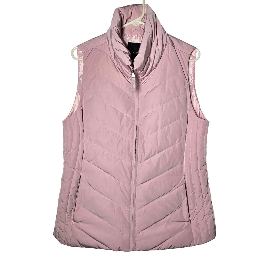 Talbots Women Pink Down Quilted Puffer Vest Mock Neck Large Winter Preppy Casual